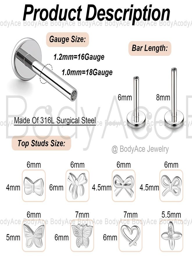 BodyAce 16g/18g Bow Flat Back Earrings Internal Thread Tragus Stud Piercing Helix Jewelry Bowknot Surgical Steel Cartilage Studs for Nose/Conch/Lip/Medusa/Labret Piercings [18G;6mm] - Image 2